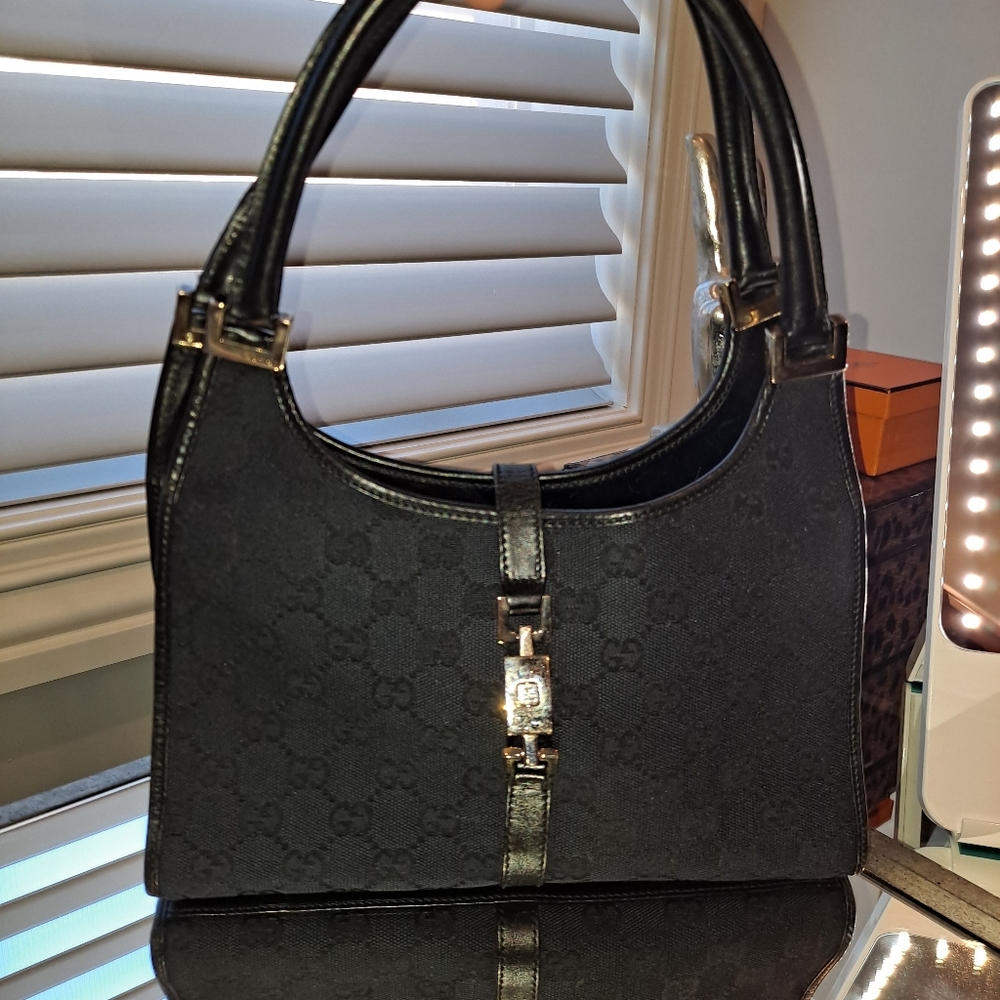 Vintage Gucci Jackie bag blacl canvas with black leather trip, silver hardware
